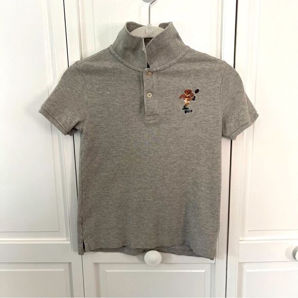 Polo Ralph Lauren Grey Two Button Polo w/ Polo Bear Kicking Rugby Ball Size 7 - Picture 1 of 10